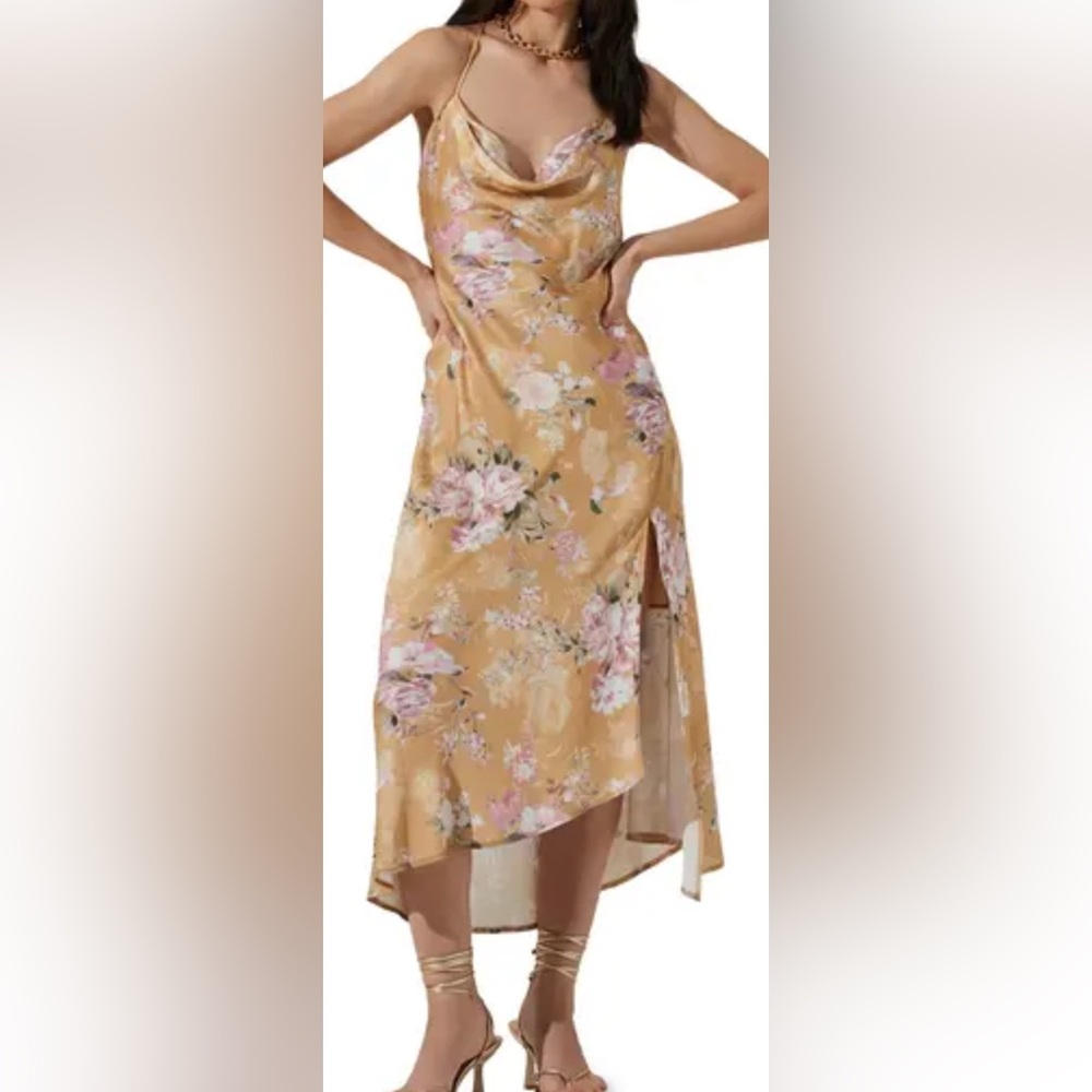 Astr Gaia Floral Gold and Pink Asymmetrical Slip Dress